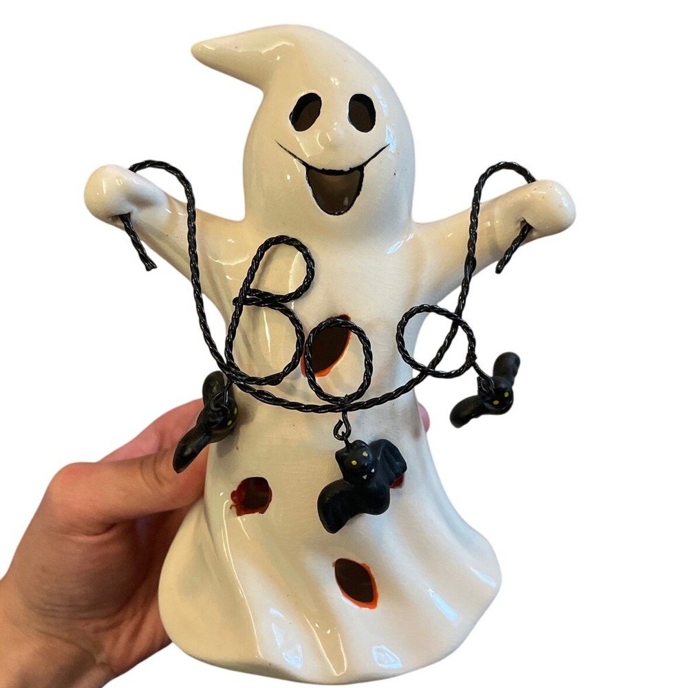 Vintage Halloween ghost boo Ceramic Hand Painted Tea Light Candle bats 6.5"